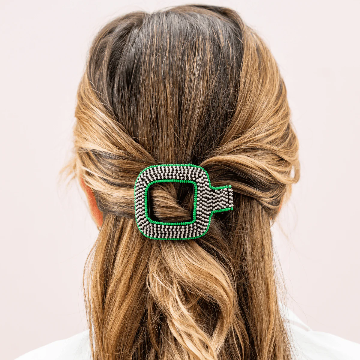 Charlotte Alternating Colors With Solid Edge Flat Hair Clip / Green - Image 2