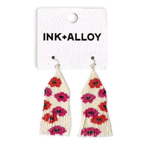 Delilah Beaded Fringe Earrings / Poppies / Hot Pink + Red