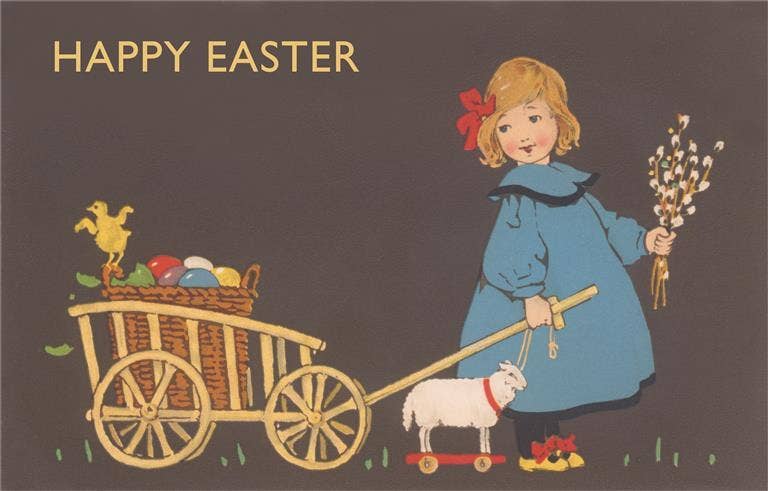 Easter + Spring Postcards /  Happy Easter, Little Girl Pulling Cart