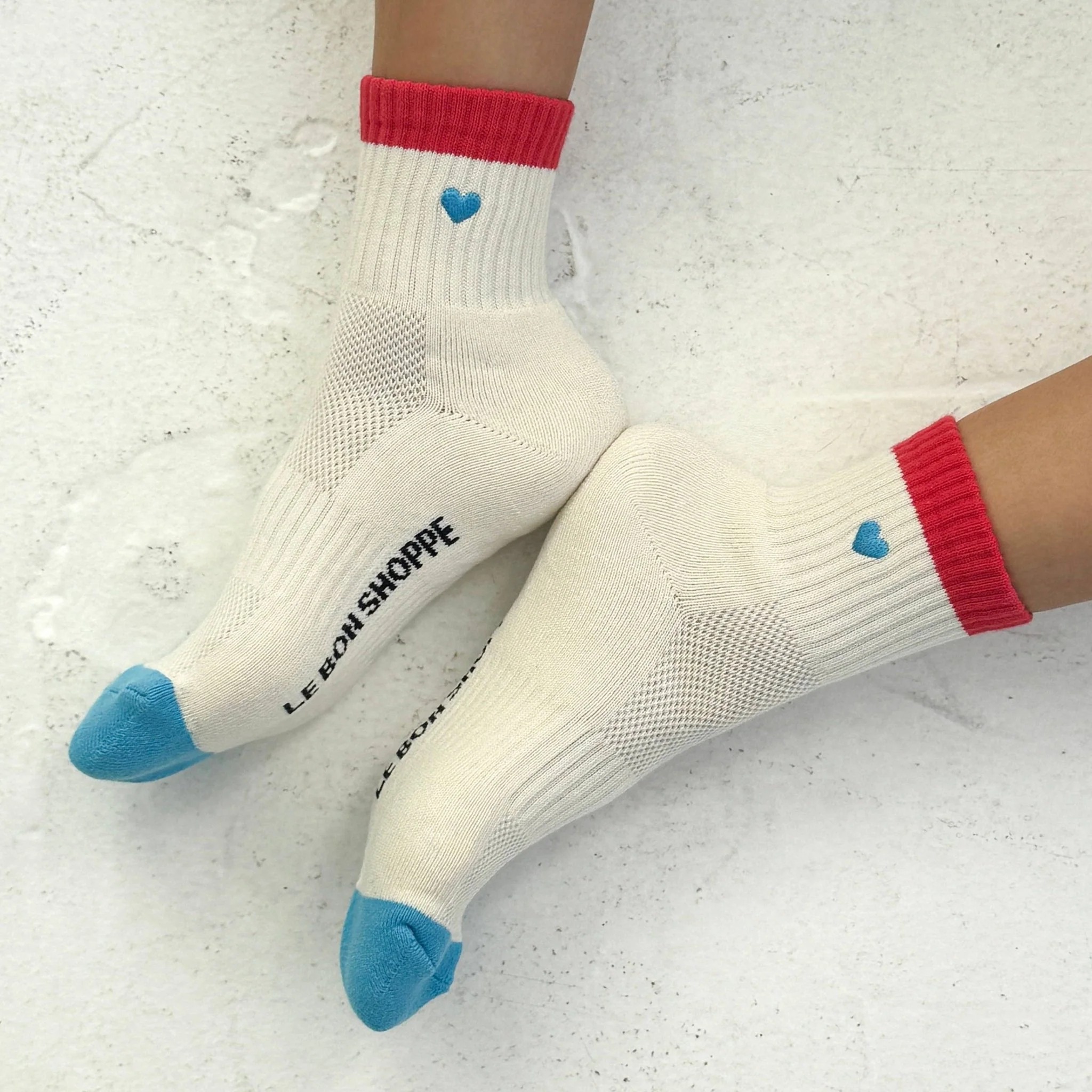 Embroidered Color Block Girlfriend Socks / Blue Red + Heart
