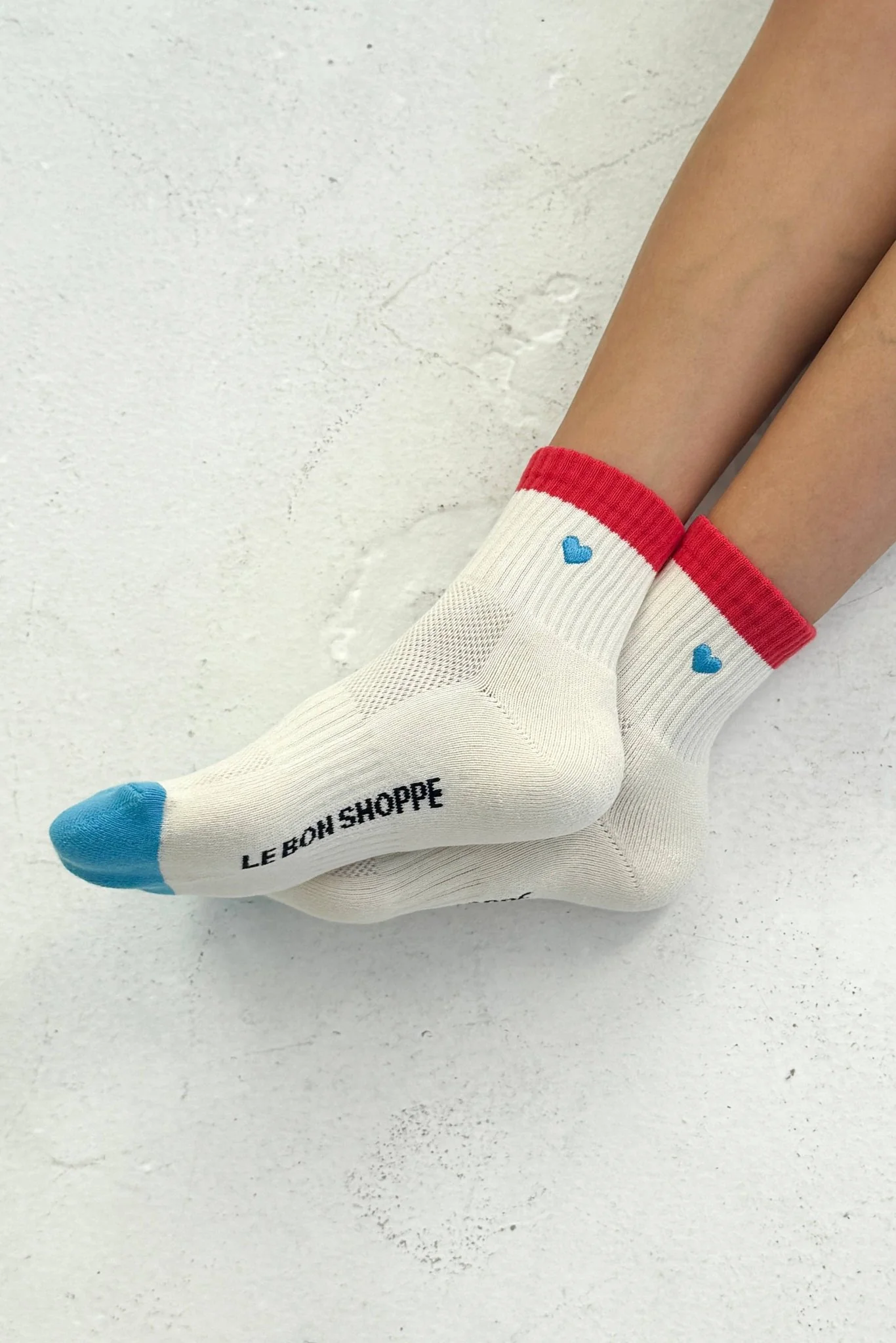 Embroidered Color Block Girlfriend Socks / Blue Red + Heart - Image 3