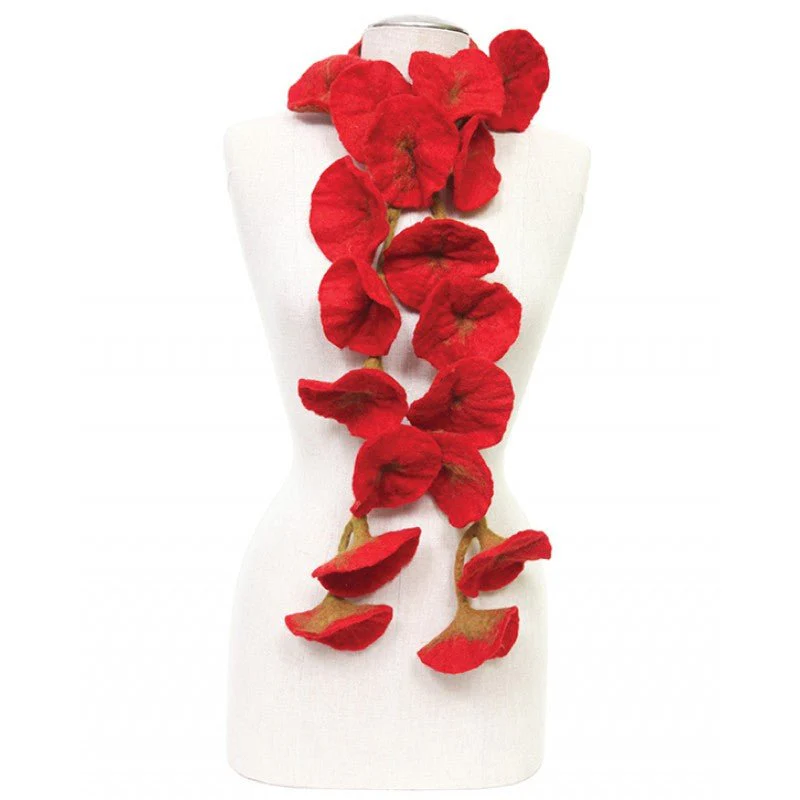 Felted Flower Scarf/Garland / Bright Red/Olive