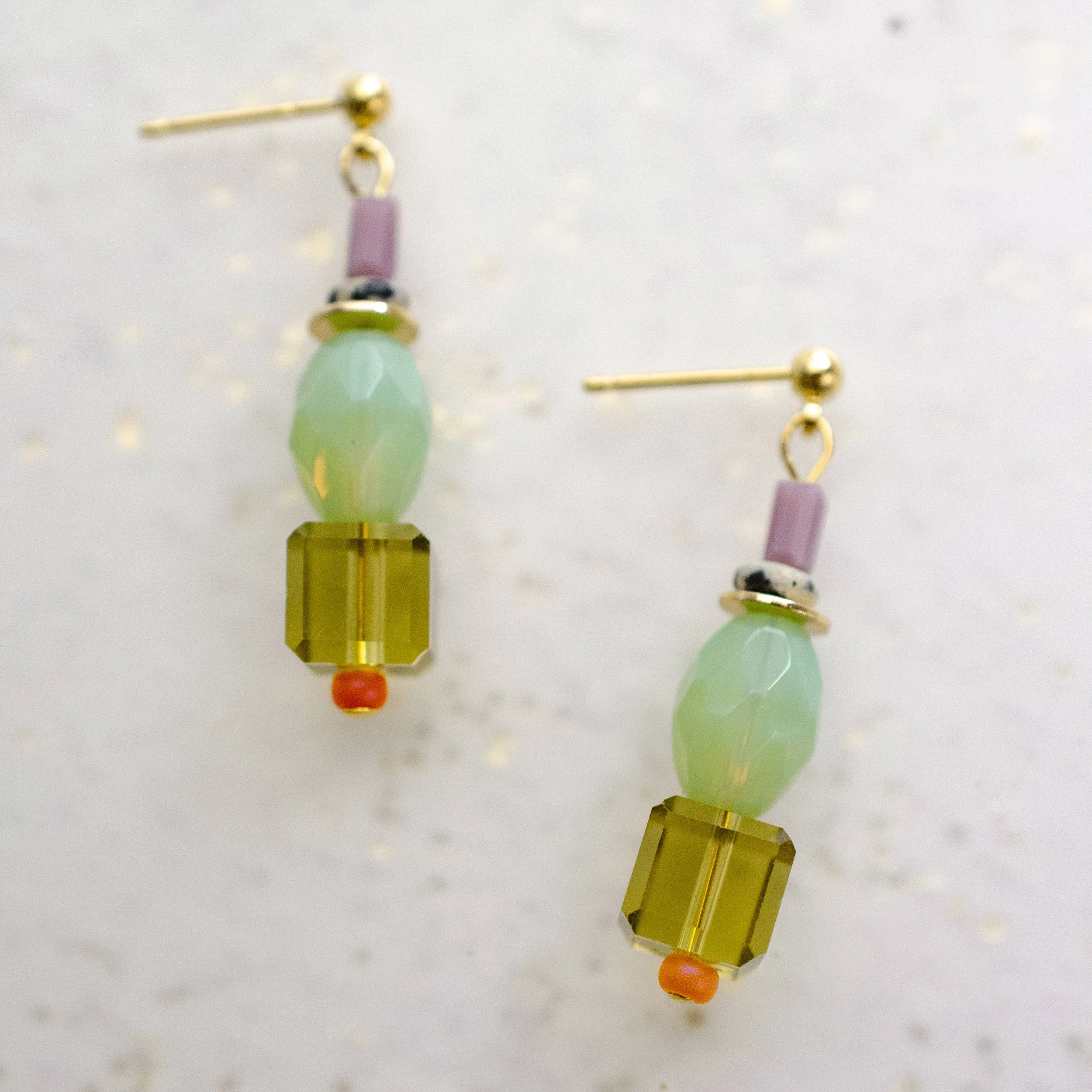 Green and Purple Beaded Dangle Earrings
