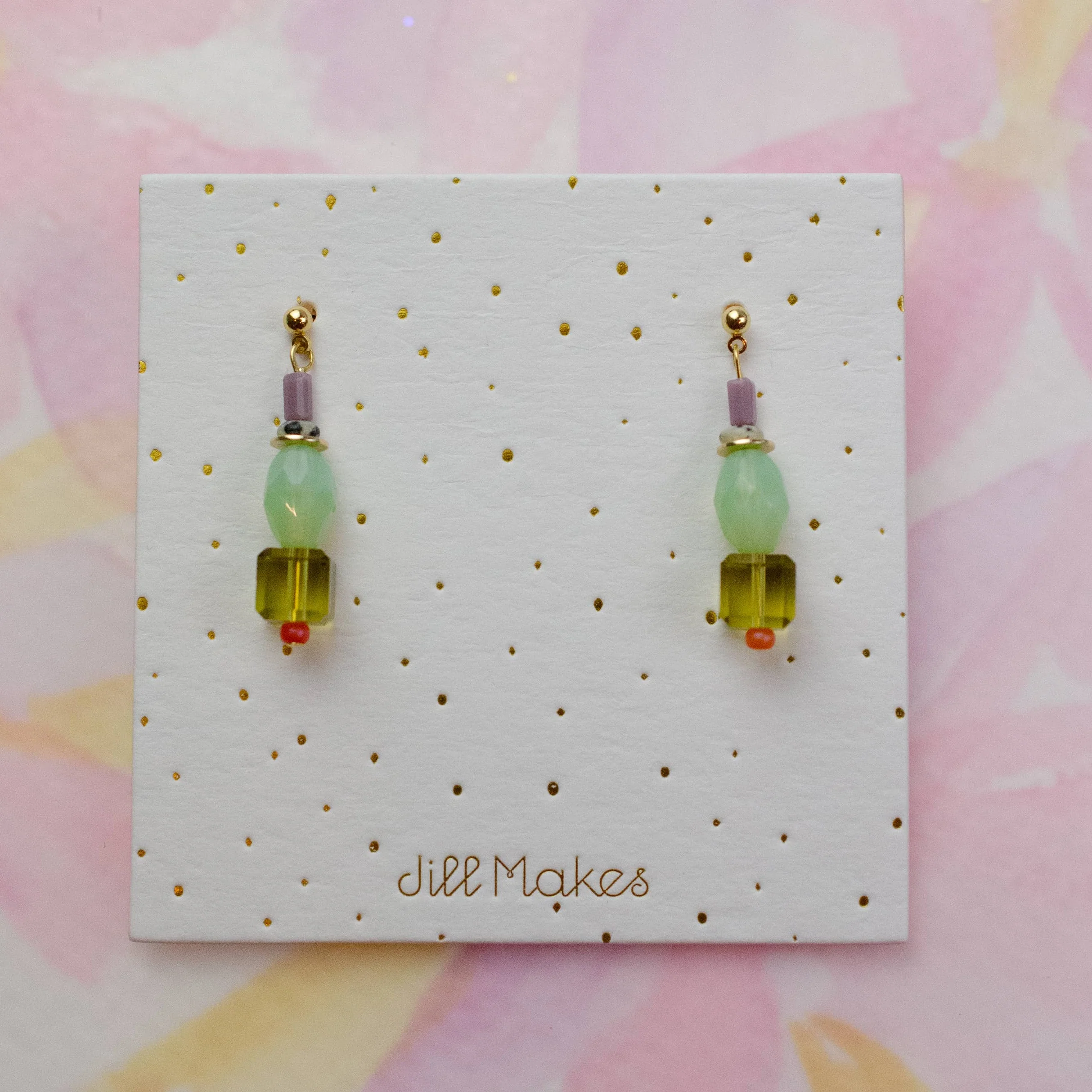 Green and Purple Beaded Dangle Earrings - Image 2