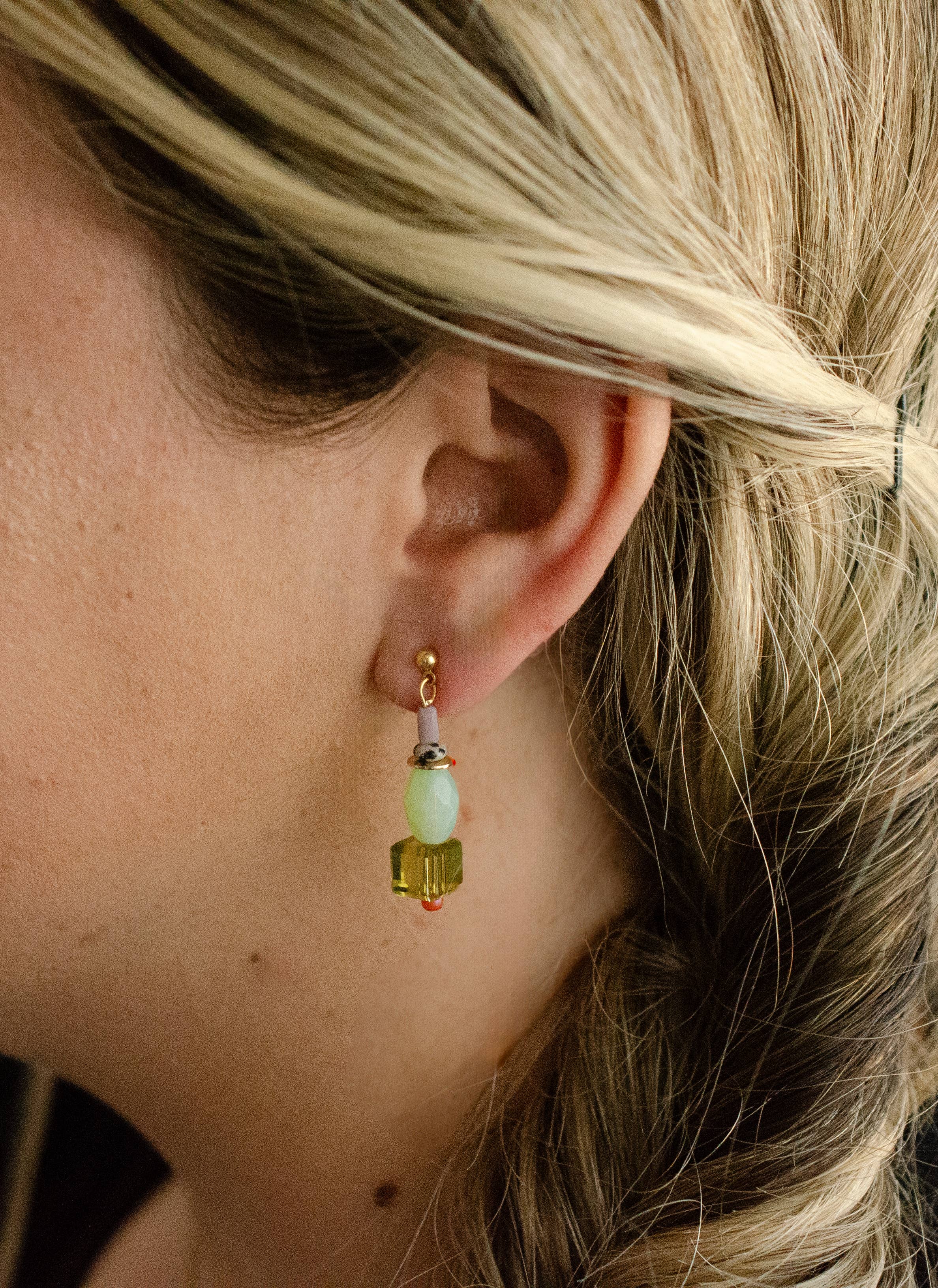 Green and Purple Beaded Dangle Earrings - Image 4