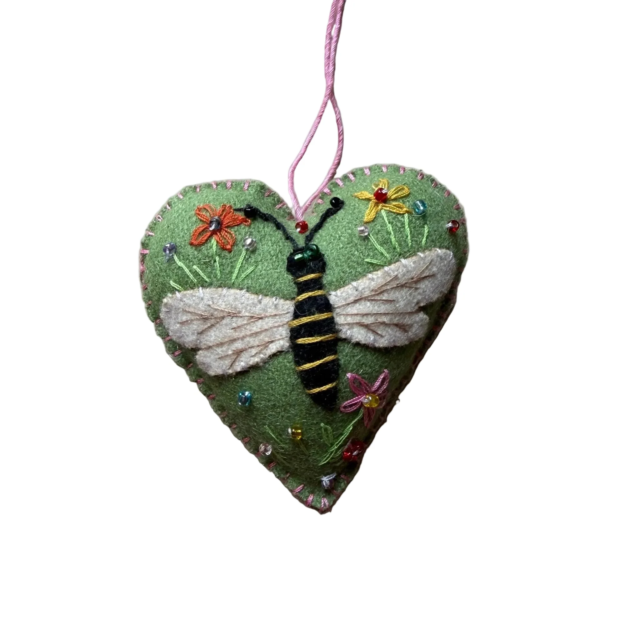 Green Heart with Bee Ornament