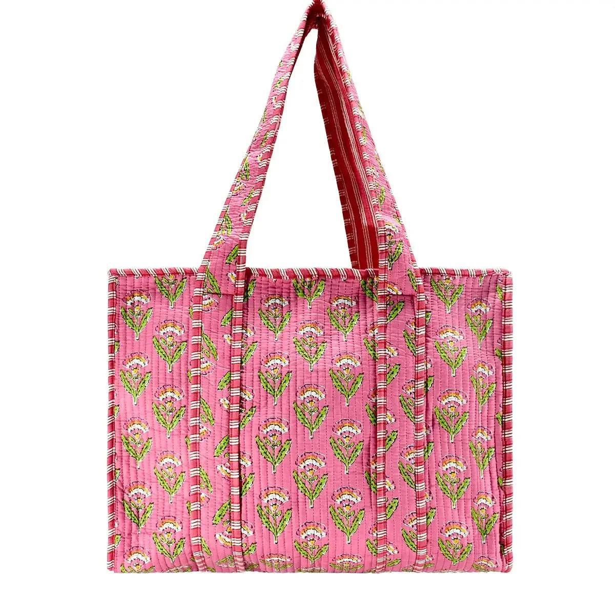 Large Cotton Block Print Tote Bag / Pink