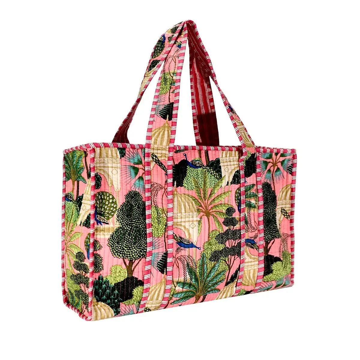 Large Cotton Block Print Tote Bag / Pink Floral - Image 3