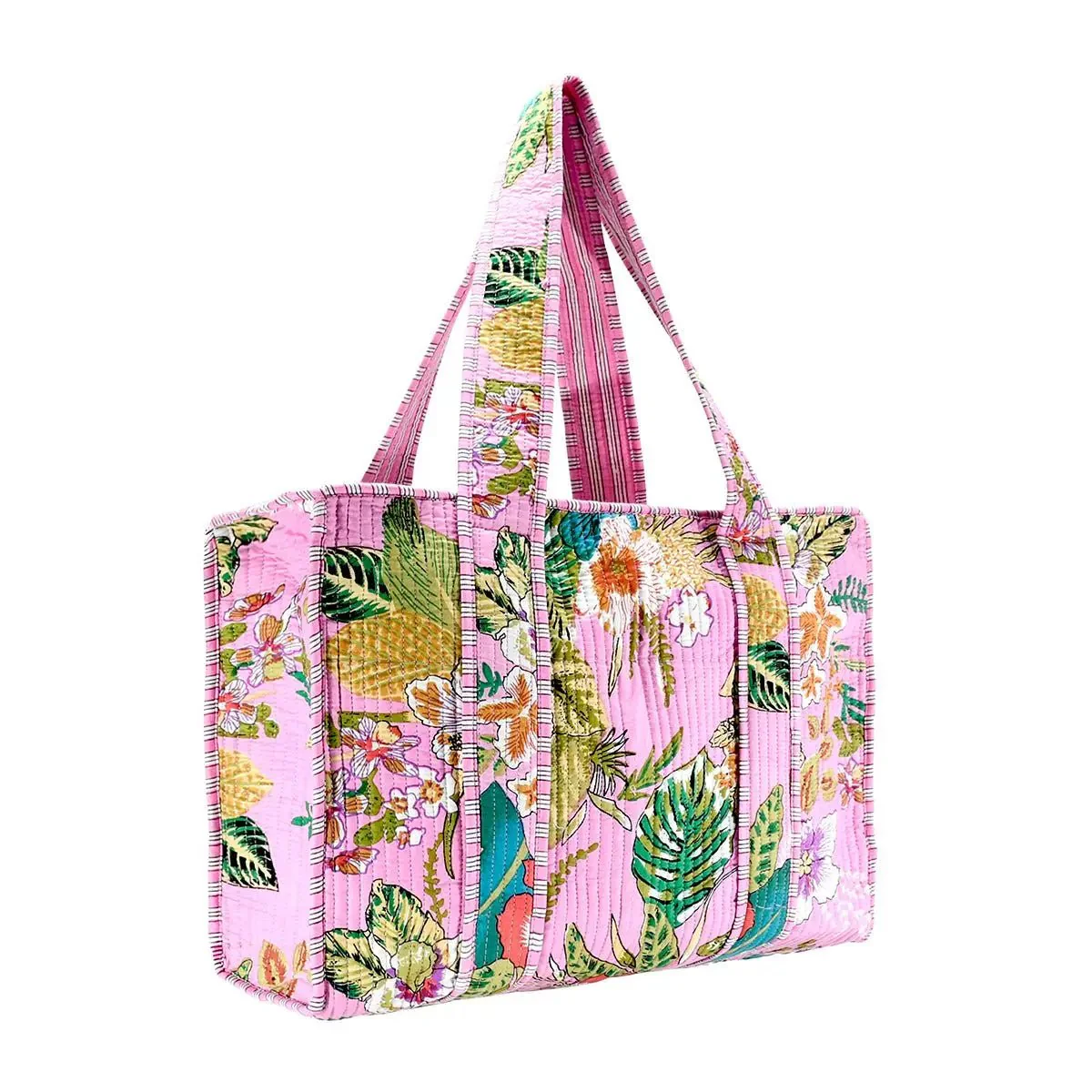 Large Cotton Block Print Tote Bag / Pink Tropical - Image 3