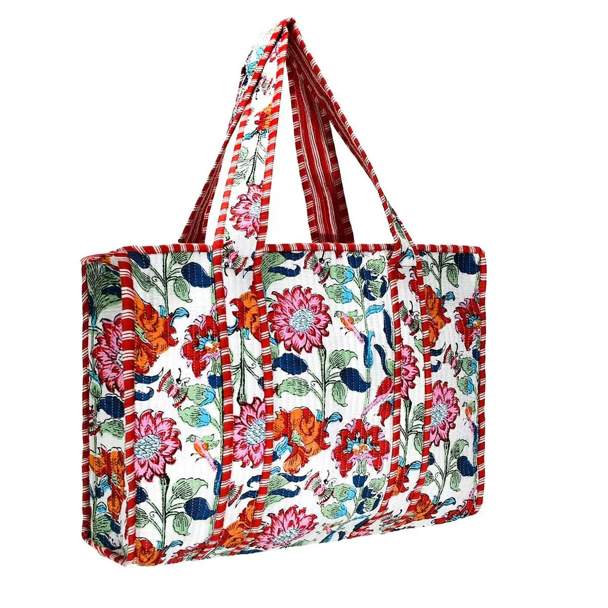 Large Cotton Block Print Tote Bag / Red Floral - Image 3