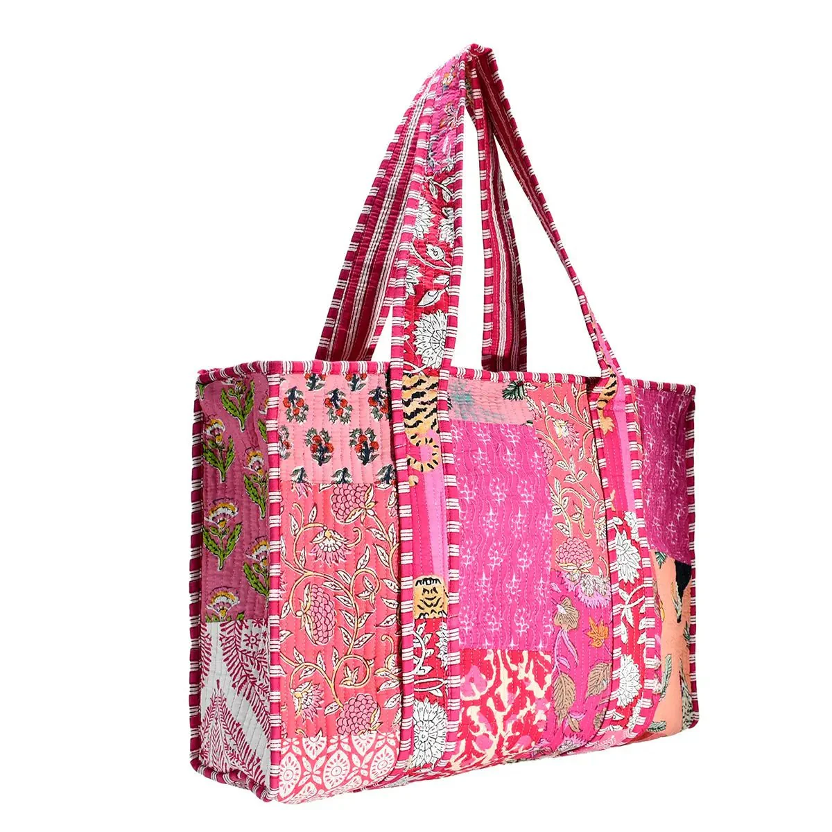 Large Patchworked Block Print Tote Bag / Pink