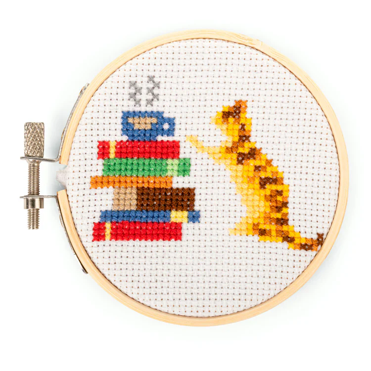 Mini Cross Stitch Embroidery Kit / Cat and Books