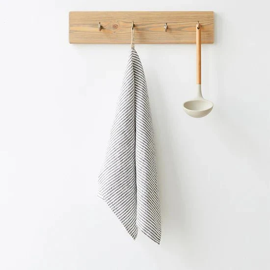 Patterned Linen Kitchen Towel / Thin Black Stripes