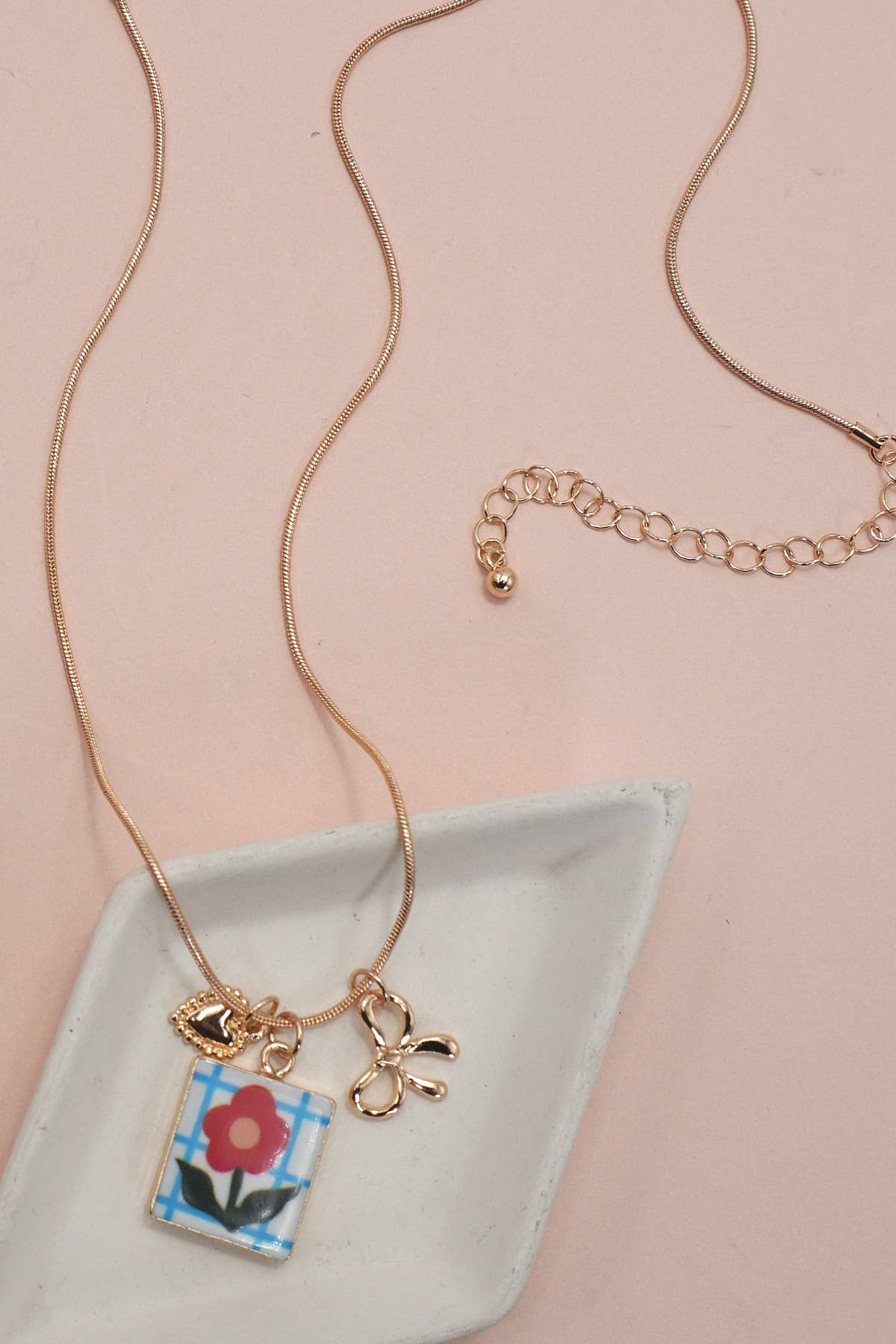 Porcelain Cluster Charm Bow Heart Necklace - Image 3