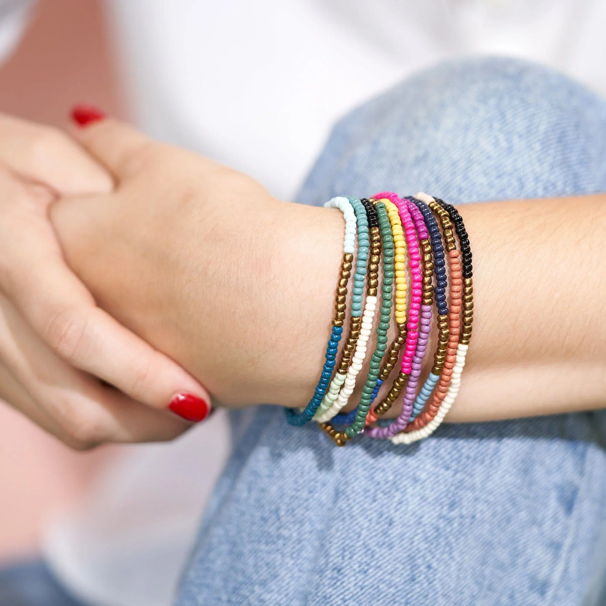 Sage Beaded 10-Strand Stretch Bracelets / Two Tone - Image 2
