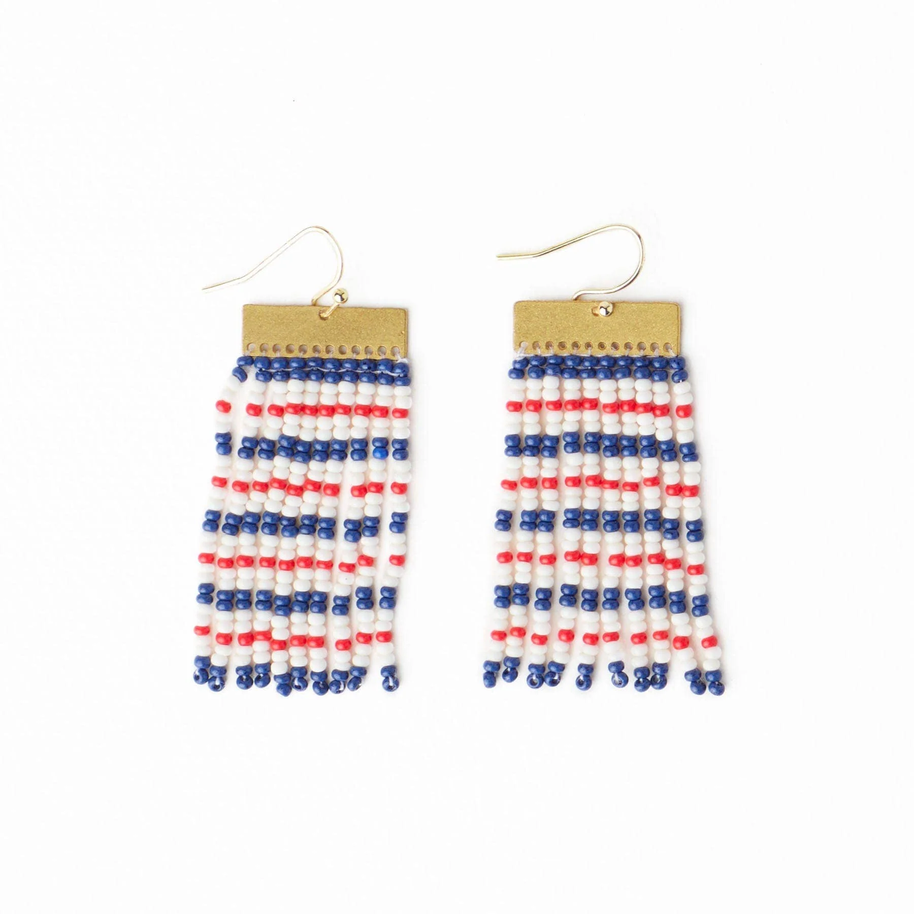 Scout Rectangle Hanger Mixed Horizontal Stripes Beaded Fringe Earrings / Red + Navy