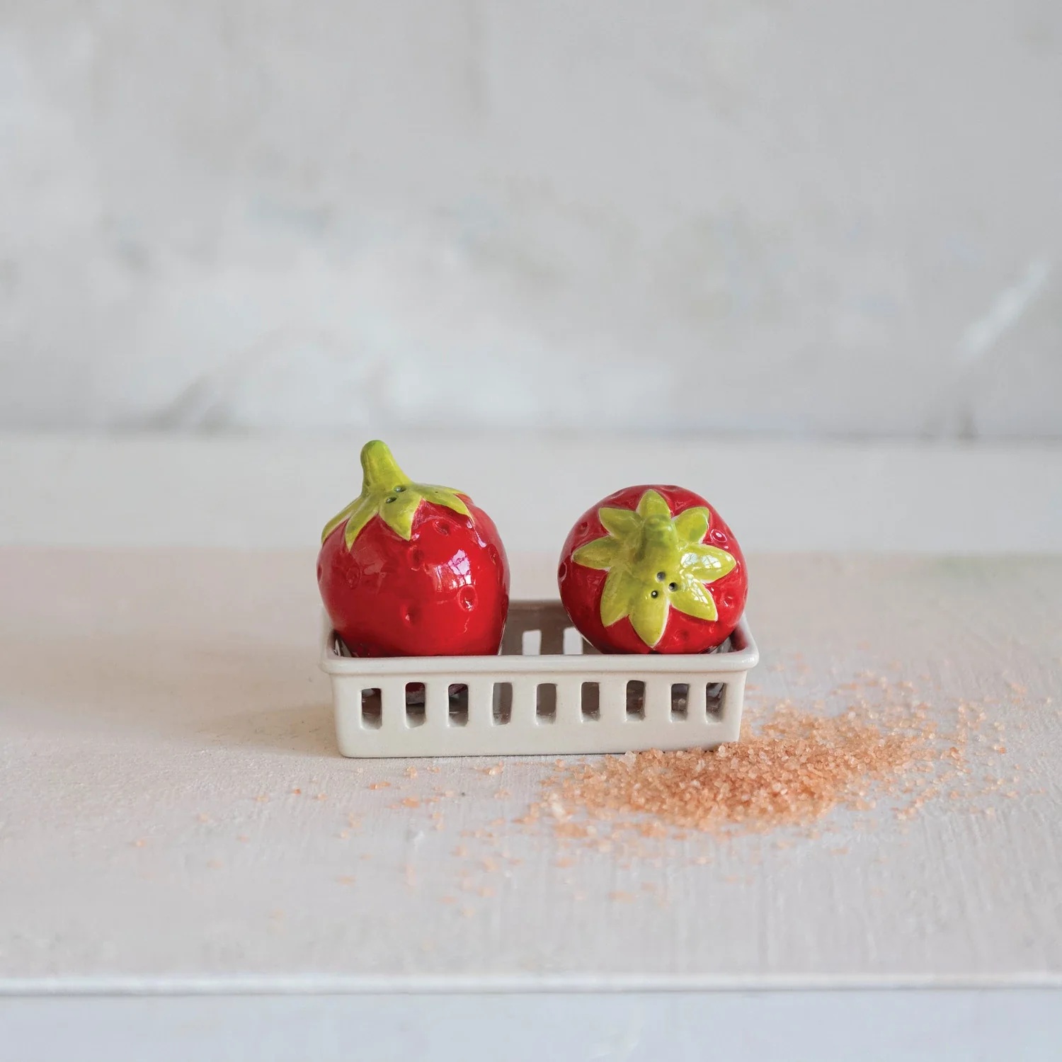 Strawberry Shaped Salt & Pepper Shakers with Berry Basket Shaped Holder