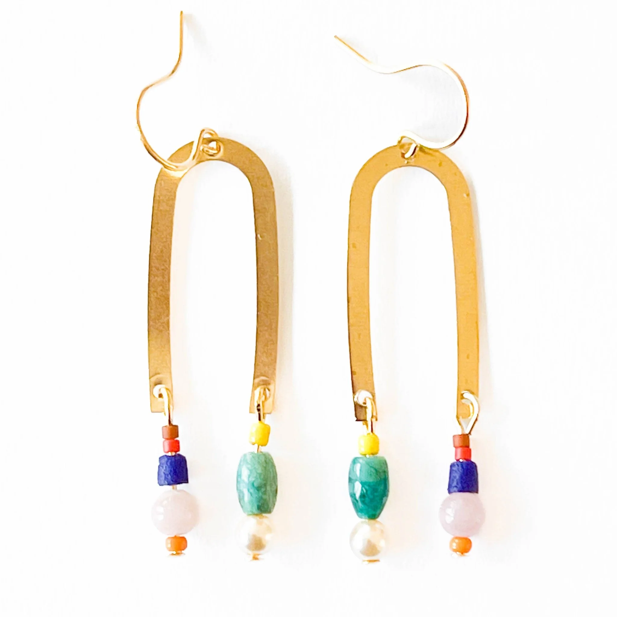 Turquoise Gem Brass and Fair Trade Arch Earrings with Beads
