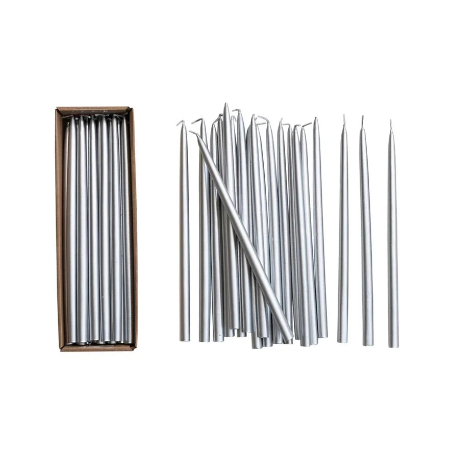 Unscented Thin Taper Candles, Set of 24 / Silver