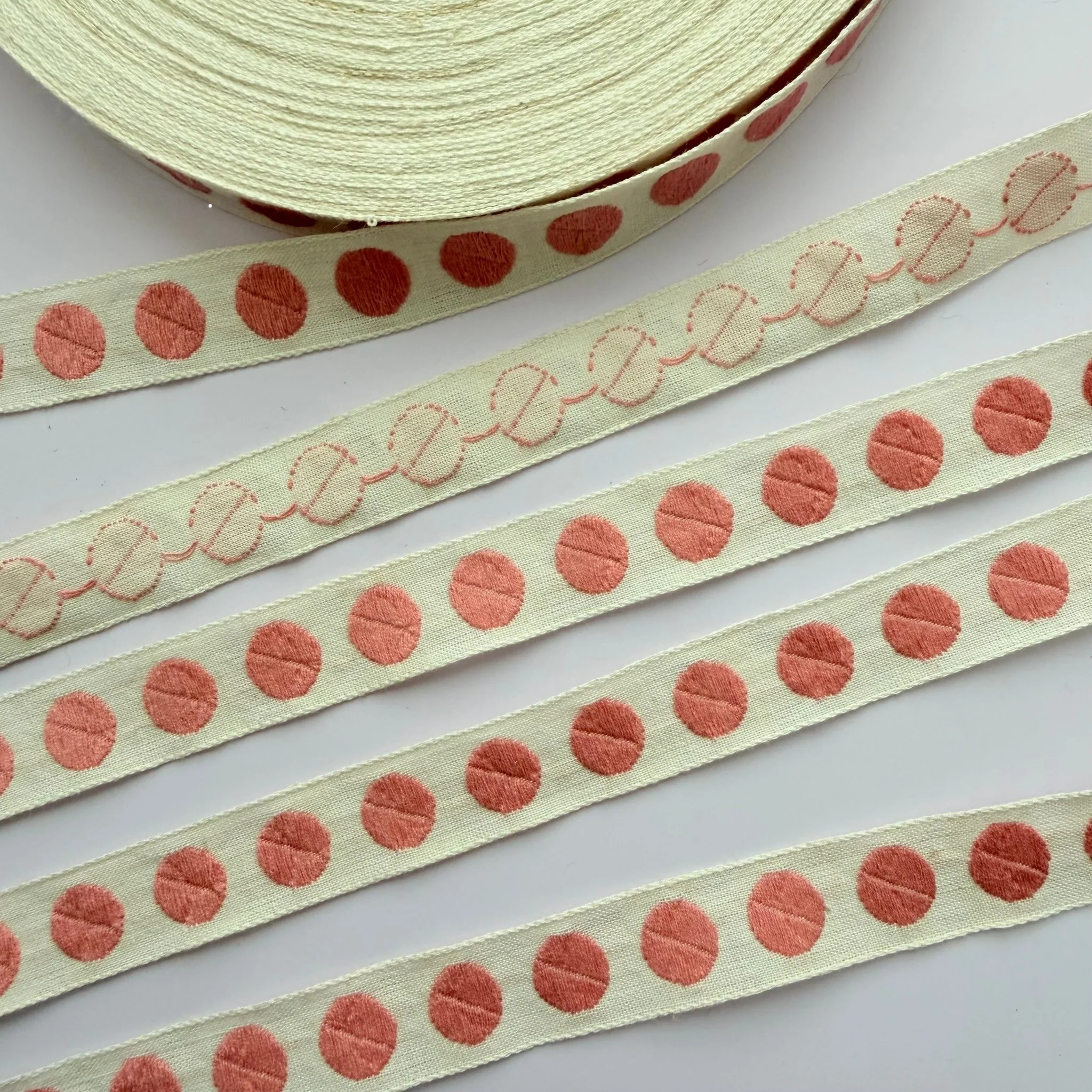 Vintage Pink Polka-Dot Embroidered Ribbon