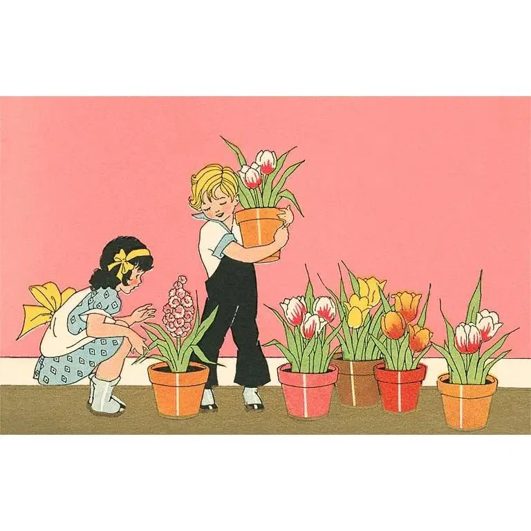 Vintage Postcard / Children with Flowerpots