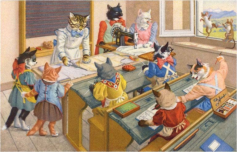 Vintage Postcard / Crazy Cats in Sewing Class