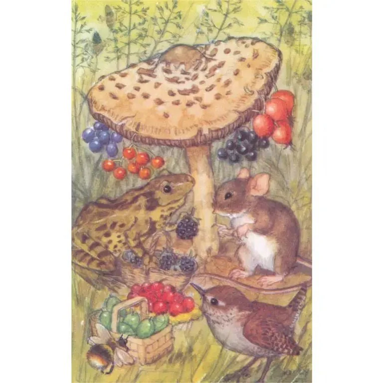 Vintage Postcard / Toad and Mouse Under Mushroom