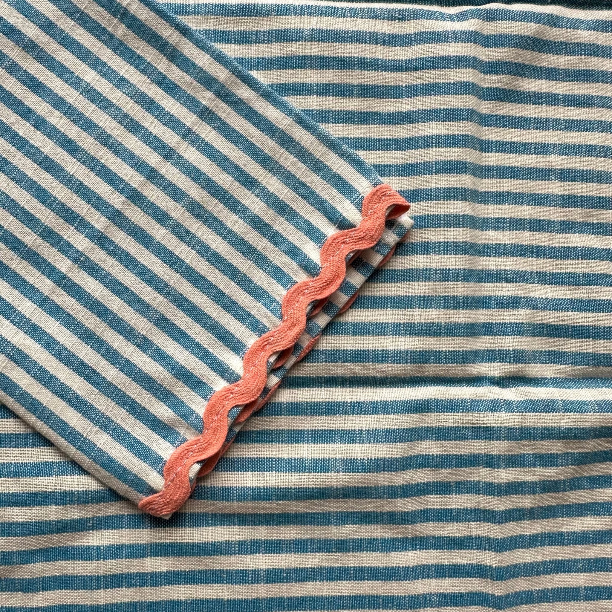 Woven Cotton Striped Tea Towel with Ric Rac Trim / Blue