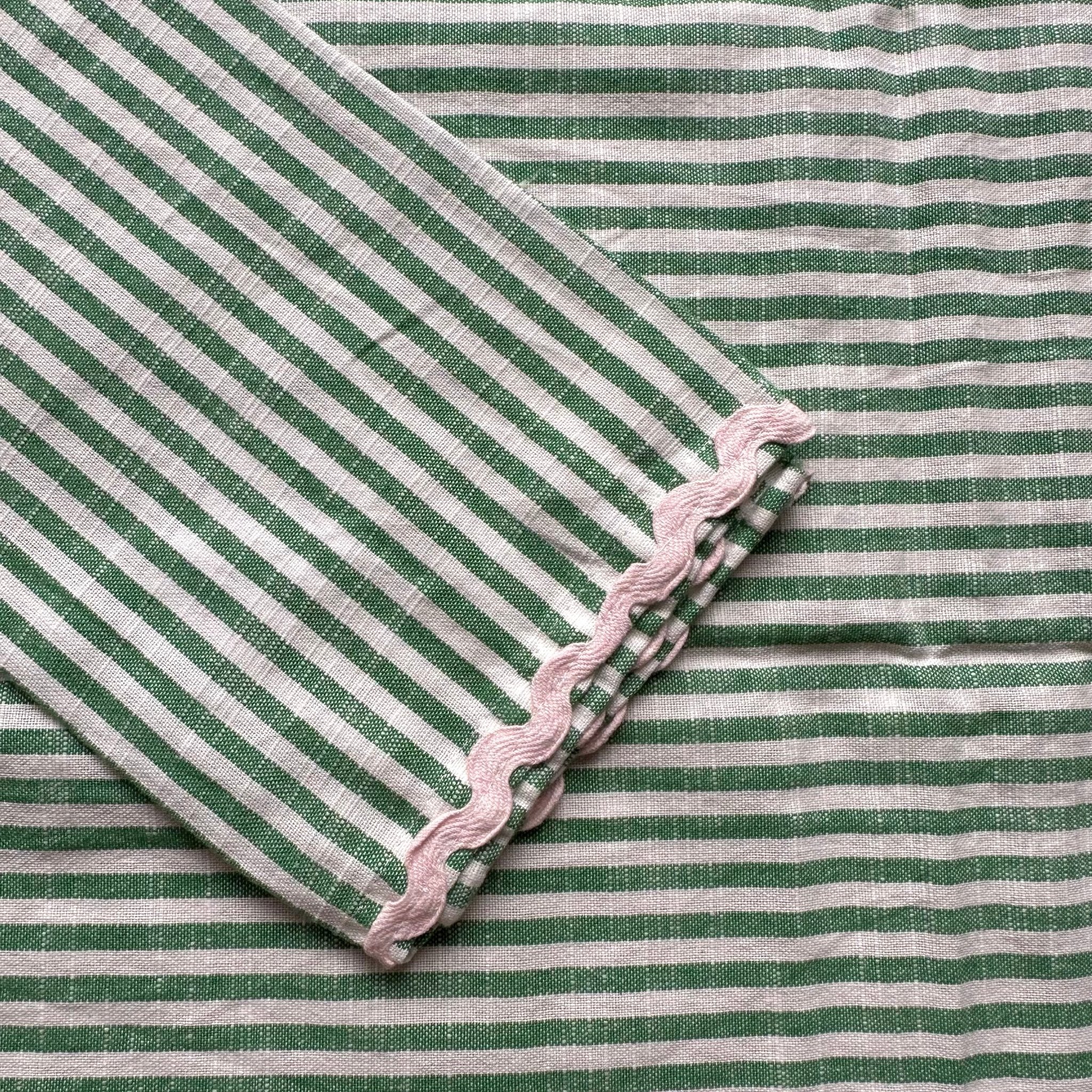 Woven Cotton Striped Tea Towel with Ric Rac Trim / Green