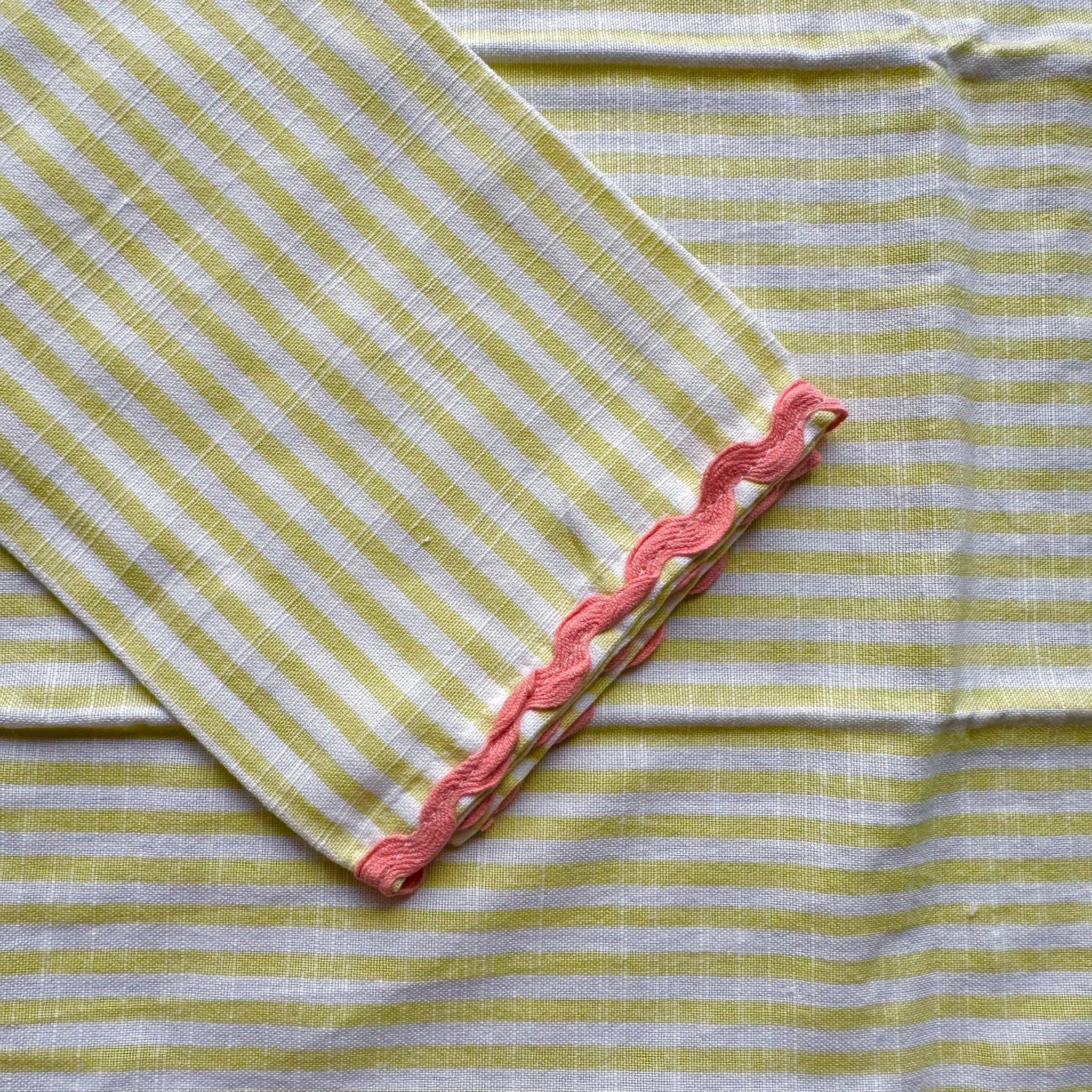 Woven Cotton Striped Tea Towel with Ric Rac Trim / Yellow